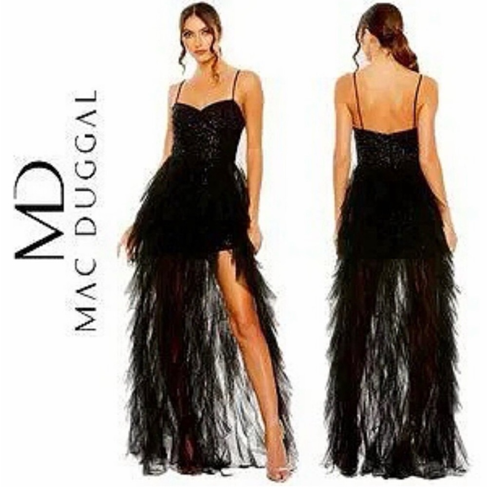 MAC DUGGAL Ruffled Glittery Gown in Black Sequin & Tulle NWT sz 6